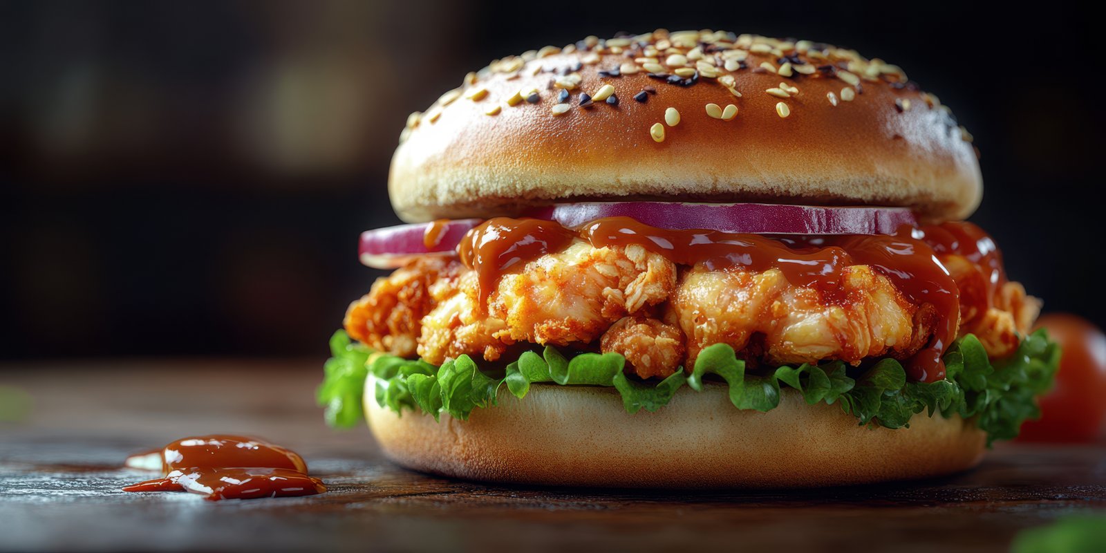 Delicious chicken burger with sesame bun and fresh toppings served on a rustic wooden table